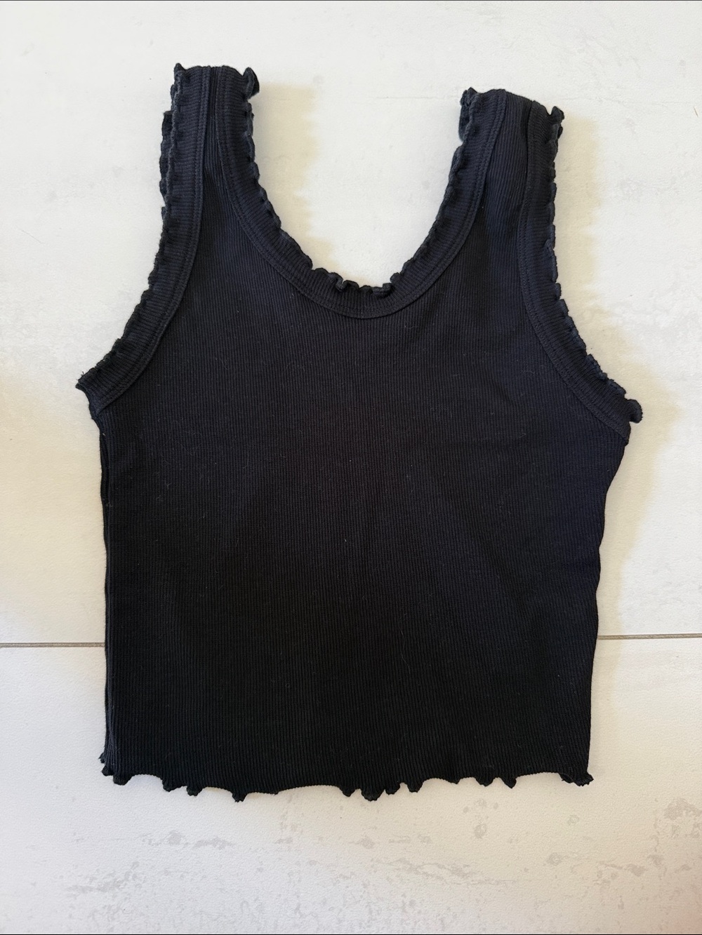 Ribbed Black Lettuce-Edge Tank Top - Women